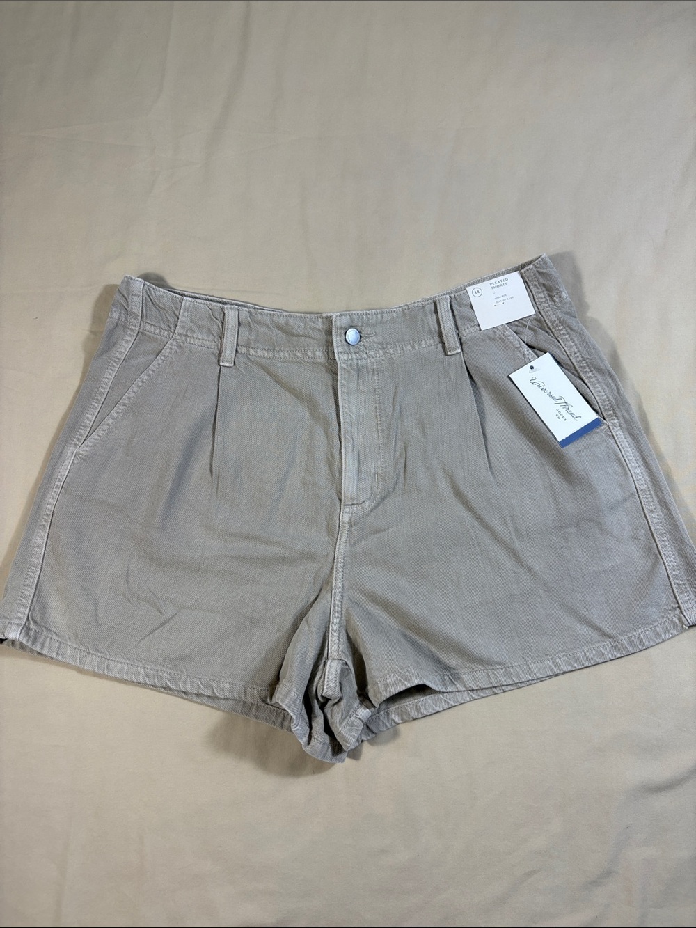Universal Thread Khaki Pleated High Rise Denim Shorts Coastal Size 14 A Line NWT
